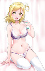 Rule 34 | 1girl, :d, armlet, blush, bow, bow bra, bow panties, bra, braid, breasts, cleavage, crown braid, curtains, green eyes, highres, jewelry, lace, lace-trimmed bra, lace-trimmed panties, lace trim, large breasts, looking at viewer, love live!, love live! sunshine!!, medium hair, multiple straps, nail polish, navel, ohara mari, open mouth, panties, purple bow, ring, see-through, smile, solo, strap pull, teeth, thighhighs, two-tone bra, two-tone panties, underwear, upper teeth only, white thighhighs, yopparai oni