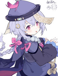 Rule 34 | 1girl, artist name, bead necklace, beads, black jacket, blush, bow, braid, closed mouth, commentary request, cropped jacket, dress, genshin impact, hair between eyes, hair bow, hat, highres, jacket, jewelry, leilin, long hair, long sleeves, looking at viewer, looking to the side, md5 mismatch, necklace, ofuda, pink bow, purple dress, purple eyes, purple hair, purple hat, qingdai guanmao, qiqi (genshin impact), resolution mismatch, signature, simple background, single braid, sleeves past wrists, solo, source larger, tongue, tongue out, very long hair, white background, wide sleeves