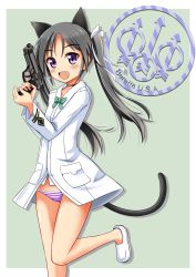 Rule 34 | 1girl, animal ears, beretta 92, black hair, cat ears, cat tail, choker, fang, francesca lucchini, gun, hair ribbon, handgun, holding, holding gun, holding weapon, long hair, looking at viewer, military, military uniform, no pants, open mouth, panties, pistol, purple eyes, red liquid (artist), ribbon, solo, strike witches, striped clothes, striped panties, tail, twintails, underwear, uniform, weapon, weapon request, world witches series