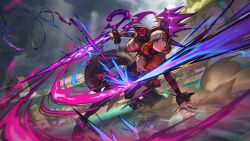 Rule 34 | 1girl, animal ears, arena, battle, blue eyes, brown hair, crying, drill hair, fake animal ears, gwen (league of legends), heterochromia, highres, holding, holding scissors, holding weapon, league of legends, legends of runeterra, multicolored hair, nail polish, official art, pink eyes, scissors, serious, solo, soul fighter (league of legends), soul fighter gwen, twin drills, two-tone hair, weapon, white hair