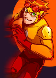 Rule 34 | 1boy, dc comics, flash (series), freckles, green eyes, kid flash, knee pads, lightning bolt symbol, male focus, motion blur, orange hair, running, simple background, smile, solo, t1mco, wally west, young justice: invasion