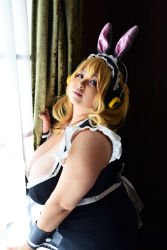 Rule 34 | 1girl, absurdres, asian, blonde hair, breasts, brown eyes, cleavage, cosplay, fat, headphones, highres, hoshima mika, huge breasts, jewelry, necklace, nitroplus, photo (medium), solo, star (symbol), super pochaco, super pochaco (cosplay), twintails