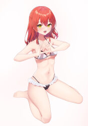 Rule 34 | 1girl, :d, absurdres, atsuishio, bare arms, bare legs, bare shoulders, barefoot, bikini, black bikini, bocchi the rock!, breasts, brown background, commentary request, frilled bikini, frills, full body, gradient background, hair between eyes, heart, heart hands, highres, kita ikuyo, looking at viewer, medium breasts, mismatched bikini, navel, open mouth, red hair, smile, solo, swimsuit, white background, white bikini, yellow eyes