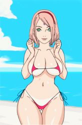 Rule 34 | 1girl, animated, artist request, beach, bikini, breasts, cleavage, curvy, green eyes, haruno sakura, large breasts, looking at viewer, naruto: the last, naruto (series), navel, nude, pink hair, short hair, solo, standing, swimsuit, thigh gap, wide hips
