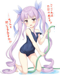 Rule 34 | 1girl, barefoot, blue one-piece swimsuit, covered navel, curly hair, highres, hose, kneeling, kyoka (princess connect!), long hair, one-piece swimsuit, open mouth, pointy ears, princess connect!, puddle, purple eyes, purple hair, ribbon, school swimsuit, simple background, solo, strap slip, swimsuit, tears, translation request, very long hair, wavy mouth, white background, yamasan