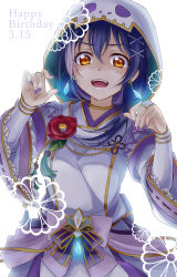 Rule 34 | 1girl, absurdres, blue hair, bridal gauntlets, dated, earrings, flower, ghost, ghost costume, hair ornament, happy birthday, highres, hood, hood up, hoodie, japanese clothes, jewelry, konro kai, long hair, long sleeves, looking at viewer, love live!, love live! school idol festival all stars, love live! school idol project, nail polish, official alternate costume, open mouth, simple background, solo, sonoda umi, swept bangs, white background, x hair ornament, yellow eyes