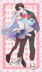 Rule 34 | 1boy, 1girl, ahoge, amezawa koma, arm around waist, black hair, blue coat, blue hair, blush, borrowed character, coat, commentary request, commission, couple, full body, hair intakes, heart, hetero, highres, jacket, jewelry, loafers, long hair, looking at another, necklace, open clothes, open coat, open jacket, open mouth, original, pantyhose, parted lips, shoes, skeb commission, sneakers, sweater, yellow eyes