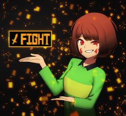 Rule 34 | 1girl, brown hair, chara (undertale), commentary, hood (james x), looking at viewer, open mouth, red eyes, shirt, short hair, smile, solo, striped clothes, striped shirt, undertale