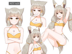 Rule 34 | 1girl, anger vein, animal ears, arm behind head, bikini, cat ears, chest jewel, chirun0, dual persona, feet out of frame, flat chest, grin, highres, long hair, looking at viewer, low ponytail, multiple views, navel, nia (blade) (xenoblade), nia (xenoblade), nintendo, niyah, short hair, silver hair, simple background, smile, spoilers, swimsuit, upper body, very long hair, white background, xenoblade chronicles (series), xenoblade chronicles 2, yellow bikini, yellow eyes