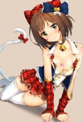 Rule 34 | 1girl, all fours, bare shoulders, blush, breasts, brown hair, cat tail, cleavage, fang, full body, green eyes, highres, idolmaster, idolmaster cinderella girls, kuria (clear trip second), looking at viewer, maekawa miku, medium breasts, neck bell, short hair, simple background, sitting, smile, solo, tail, thighhighs, white thighhighs