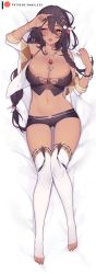 Rule 34 | 1girl, arm up, azur lane, bangle, bracelet, braid, breasts, brown eyes, brown hair, cleavage, commentary, crop top, dakimakura (medium), dark-skinned female, dark skin, english commentary, feather hair ornament, feet, full body, gluteal fold, hair between eyes, hair ornament, highres, jewelry, large breasts, long hair, lying, midriff, nanoless, navel, necklace, off shoulder, on back, one eye closed, open mouth, patreon username, pendant, short shorts, shorts, side braid, solo, south dakota (azur lane), thighhighs, toeless legwear, toes, white thighhighs