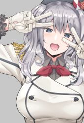 Rule 34 | 1girl, beret, blue eyes, breasts, buttons, double v, epaulettes, frilled sleeves, frills, gloves, grey eyes, hat, highres, jacket, kantai collection, kashima (kancolle), kerchief, large breasts, long sleeves, military, military jacket, military uniform, neckerchief, open mouth, pleated skirt, red neckerchief, satou samu, sidelocks, silver hair, skirt, smile, tsurime, twintails, uniform, v, wavy hair, white gloves, white jacket