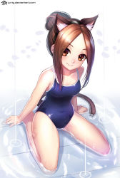 Rule 34 | 10s, 1girl, alternate hairstyle, animal ears, arms at sides, artist name, bare arms, bare legs, bare shoulders, barefoot, black hairband, blue one-piece swimsuit, blush, breasts, brown eyes, brown hair, cat ears, cat tail, closed mouth, collarbone, competition school swimsuit, covered navel, fake animal ears, forehead, full body, hair bun, hairband, jurrig, karakai jouzu no takagi-san, kemonomimi mode, long hair, looking at viewer, on floor, one-piece swimsuit, parted bangs, petals, puddle, resolution mismatch, school swimsuit, shiny skin, sidelocks, single hair bun, sitting, small breasts, smile, solo, source smaller, swimsuit, tail, takagi-san, tareme, tile floor, tiles, wariza, water, watermark, web address, white background