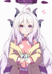 Rule 34 | 1girl, ahoge, black horns, blue archive, blush, cup, demon horns, halo, highres, hina (blue archive), hina (pajamas) (blue archive), holding, holding cup, horns, jacket, long hair, long sleeves, looking at viewer, open clothes, open jacket, open mouth, pajamas, pink pajamas, polka dot, polka dot pajamas, purple eyes, sateto (user knrf2332), solo, upper body, very long hair, white hair, yellow jacket