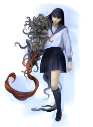 Rule 34 | 1girl, black eyes, black footwear, black hair, blue skirt, blue thighhighs, body horror, closed mouth, collarbone, douzen, eldritch abomination, expressionless, highres, long hair, monster, original, red neckwear, school uniform, skirt, solo, standing, tentacles, thighhighs