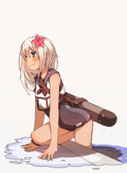 Rule 34 | 10s, 1girl, amonitto, arm support, belt, blue eyes, crop top, dark skin, dark-skinned female, flower, hair flower, hair ornament, kantai collection, long hair, one-piece swimsuit, partially submerged, pool, poolside, ro-500 (kancolle), school swimsuit, smile, solo, swimsuit, torpedo, wading, wet, white hair