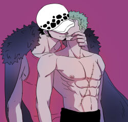 Rule 34 | 2boys, abs, bara, black hair, chayo (sprkvp), earrings, facial hair, fur collar, goatee, hand on another&#039;s cheek, hand on another&#039;s face, hat over eyes, imminent kiss, jewelry, large pectorals, long sideburns, male focus, multiple boys, muscular, muscular male, navel, nipples, one piece, pectorals, purple background, red tank top, roronoa zoro, short hair, sideburns, smile, stomach, tank top, topless male, trafalgar law, upper body, yaoi