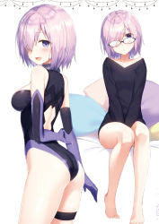 Rule 34 | 1girl, :d, :o, alternate costume, arm behind back, ass, back cutout, bare legs, bare shoulders, barefoot, bed sheet, between legs, black hair, black sweater, blue leotard, breasts, clothing cutout, collarbone, cowboy shot, dress, elbow gloves, fate/grand order, fate (series), from side, full body, glasses, gloves, hair over one eye, hand between legs, hand on own arm, head tilt, leotard, long sleeves, looking at viewer, looking to the side, mash kyrielight, masuishi kinoto, medium breasts, multiple views, off-shoulder, off-shoulder sweater, off shoulder, open mouth, parted lips, pillow, pink hair, purple eyes, purple gloves, purple leotard, shiny skin, short hair, sideboob, simple background, sitting, smile, standing, sweater, sweater dress, tareme, thigh strap, v arms, white background