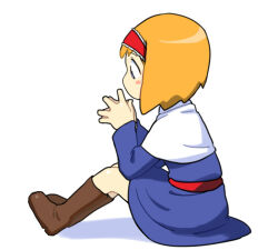Rule 34 | 1girl, alice margatroid, blonde hair, blue dress, blue eyes, boots, brown footwear, capelet, commentary, cookie (touhou), dress, frilled hairband, frills, full body, hairband, highres, kakusou, long sleeves, looking afar, no mouth, own hands together, profile, red hairband, red sash, sash, short hair, simple background, sitting, solo, steepled fingers, taisa (cookie), touhou, white background, white capelet