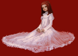 Rule 34 | 1girl, blunt bangs, bow, dohi, dress, faux traditional media, hair bow, long sleeves, original, realistic, red hair, red theme, simple background, sitting, solo, speed painting, white dress