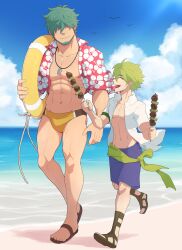 Rule 34 | 2boys, ^ ^, aark0, abs, age difference, bara, bare pectorals, beach, beard, black male swimwear, bulge, closed eyes, facial hair, full body, green hair, hair over eyes, happy, hawaiian shirt, height difference, highres, holding, holding skewer, holding swim ring, innertube, large pectorals, lifeguard, long sideburns, male focus, male swimwear, multicolored male swimwear, multiple boys, muscular, muscular male, navel, nipples, original, pectorals, sand, sandals, shirt, short hair, shorts, sideburns, skewer, smile, stomach, swim briefs, swim ring, thighs, v-taper, walking, whistle, whistle around neck, yellow male swimwear
