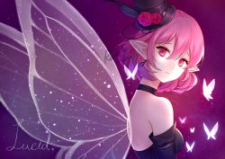 Rule 34 | amesuupu, bare shoulders, bug, butterfly, choker, elf, flower, glowing butterfly, hat, hat flower, insect, lucid (maplestory), maplestory, mini hat, mini top hat, pink eyes, pink hair, pointy ears, red flower, red rose, rose, solo, top hat