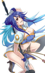 Rule 34 | 00s, 1girl, blue hair, breasts, female focus, goda, judith (tales), long hair, pointy ears, simple background, solo, staff, tales of (series), tales of vesperia, twintails, weapon
