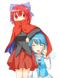 Rule 34 | 2girls, ^ ^, arm on own head, blue eyes, blue hair, blush, bow, cape, closed eyes, covered mouth, hair bow, large bow, md5 mismatch, multiple girls, puchimirin, red eyes, red hair, resolution mismatch, sekibanki, short hair, sitting, skirt, source larger, tatara kogasa, tongue, tongue out, touhou, tunic