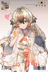Rule 34 | 1girl, arknights, artist name, barcode, brown hair, cover, cross, dotted background, fake magazine cover, finger to face, hair ornament, heart, highres, japanese clothes, kimono, long hair, long sleeves, magazine cover, mizupein, multicolored hair, one eye closed, revision, see-through, smile, snowsant (arknights), solo, standing, two-tone hair, weibo watermark, white hair, wide sleeves