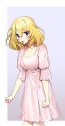 Rule 34 | 1girl, angry, blonde hair, blue eyes, border, clenched hands, closed mouth, commentary, cowboy shot, frown, girls und panzer, grey background, looking at viewer, medium hair, messy hair, nightgown, oshida (girls und panzer), outside border, pink nightgown, short sleeves, sleepwear, solo, sweatdrop, tan (inka), v-shaped eyes, white border
