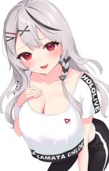 Rule 34 | 1girl, highres, hololive, hololive dance practice uniform, long hair, open mouth, red eyes, sakamata chloe, shirt, short sleeves, simple background, smile, solo, taachika, virtual youtuber, white shirt