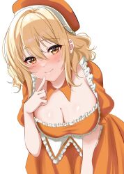 Rule 34 | 1girl, beret, blonde hair, blush, breasts, cleavage, closed mouth, commentary request, detached collar, dress, finger to mouth, hair down, hat, highres, looking at viewer, love live!, love live! nijigasaki high school idol club, medium breasts, mei hinamatsu, miyashita ai, orange dress, orange eyes, orange hat, sidelocks, smile, solo, standing, upper body, white background