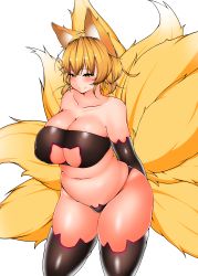 Rule 34 | 1girl, absurdres, animal ears, black bra, black panties, black thighhighs, blonde hair, bra, breasts, cat cutout, cat lingerie, cleavage cutout, closed mouth, clothing cutout, fox ears, fox tail, highres, huge breasts, kitsune, looking at viewer, meme attire, multiple tails, noname hider, panties, plump, short hair, side-tie panties, simple background, skindentation, smile, solo, swimsuit, tail, thighhighs, touhou, underwear, white background, yakumo ran, yellow eyes
