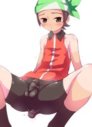 Rule 34 | 00s, 1boy, anal, anal object insertion, arm support, bare arms, bare shoulders, bike shorts, blush, brendan (pokemon), bulge, collared shirt, cosplay, creatures (company), crossdressing, erection, erection under clothes, game freak, legs, male focus, male penetrated, may (pokemon), may (pokemon) (cosplay), may (pokemon emerald), nintendo, object insertion, parted lips, pokemon, pokemon rse, rei oe, sex toy, shirt, shy, simple background, sleeveless, sleeveless shirt, solo, spread legs, tan, tanline, vibrator, vibrator bulge, vibrator under clothes, white background