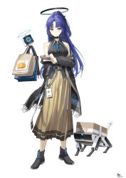Rule 34 | 1girl, absurdres, alternate costume, bag, bare shoulders, black choker, black footwear, black jacket, blue archive, blue eyes, blue hair, blue ribbon, breasts, chinese commentary, choker, closed mouth, collared shirt, commentary request, dor m, dress, full body, halo, high ponytail, highres, holding, jacket, long dress, long hair, long sleeves, looking afar, looking down, mechanical halo, medium breasts, neck ribbon, off shoulder, open clothes, open jacket, paper bag, parted bangs, pleated dress, ponytail, ribbon, robot, shirt, shoes, simple background, sleeveless, sleeveless shirt, smile, solo, standing, white background, yellow dress, yuuka (blue archive)