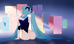 Rule 34 | 1girl, aqua eyes, aqua hair, ass, bad id, bad pixiv id, blue background, blush, dimples of venus, from behind, hatsune miku, highres, long hair, nude, sitting, solo, sparrow (xici9527), star (symbol), twintails, very long hair, vocaloid
