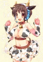 Rule 34 | 10s, 1girl, animal ears, animal print, arm warmers, bell, bikini, bikini top only, blush, breasts, brown eyes, brown hair, cleavage, collar, cow ears, cow horns, cow print, cow tail, ech, elbow gloves, fake animal ears, gloves, headset, horns, idolmaster, idolmaster cinderella girls, large breasts, midriff, navel, neck bell, oikawa shizuku, open mouth, pink gloves, pink thighhighs, skirt, smile, solo, swimsuit, tail, thighhighs, zettai ryouiki