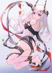 Rule 34 | 1girl, absurdres, arknights, ass, bare legs, bare shoulders, barefoot, bikini, black bikini, commentary, flower, gradient background, grey background, hair flower, hair ornament, hand up, highres, holding, horns, leria v, long hair, looking at viewer, mudrock (arknights), mudrock (silent night) (arknights), off-shoulder bikini, off shoulder, official alternate costume, parted lips, pointy ears, red eyes, short sleeves, silver hair, solo, swimsuit, thighs
