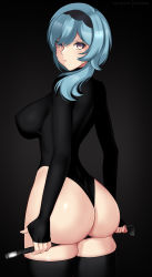 Rule 34 | 1girl, absurdres, alternate costume, ass, ass focus, ass support, black thighhighs, blue hair, breasts, covered erect nipples, eula (genshin impact), frown, genshin impact, highres, hioyami, huge ass, large breasts, leotard, looking back, ribbed sweater, simple background, skindentation, solo, sweater, thighhighs, thighs