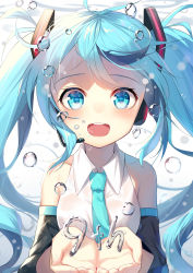 Rule 34 | 1girl, :d, air bubble, alexmaster, aqua eyes, aqua hair, bare shoulders, blush, bubble, collared shirt, cupping hands, detached sleeves, hair ornament, hatsune miku, headset, highres, long hair, looking at viewer, microphone, open mouth, own hands together, shirt, sleeveless, sleeveless shirt, smile, solo, teeth, twintails, underwater, vocaloid, wet, wet clothes, wet shirt, white shirt