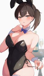 Rule 34 | 1girl, animal ears, black leotard, blue bow, blue bowtie, blush, bottle, bow, bowtie, breasts, brown eyes, brown hair, cup, detached collar, drinking glass, fake animal ears, highres, kaga (kancolle), kantai collection, large breasts, leotard, looking at viewer, parted lips, playboy bunny, rabbit ears, ranran 3939, short hair, solo, table, thighhighs, white thighhighs, wine glass, wrist cuffs