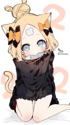 Rule 34 | 1girl, abigail williams (fate), abigail williams (traveling outfit) (fate), absurdres, animal ear fluff, animal ears, bed sheet, black bow, black jacket, blonde hair, blue eyes, blush, bow, cat day, cat ears, cat girl, commentary request, crossed bandaids, dated, fate/grand order, fate (series), feet out of frame, fish, food in mouth, hair bow, hair bun, heroic spirit traveling outfit, highres, jacket, kemonomimi mode, long hair, long sleeves, looking at viewer, mouth hold, hugging object, official alternate costume, orange bow, parted bangs, signature, simple background, single hair bun, sitting, sleeves past fingers, sleeves past wrists, sofra, solo, stuffed animal, stuffed toy, teddy bear, twitter username, wariza, white background, x x