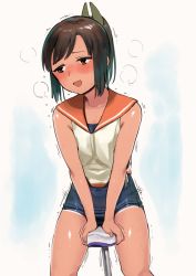Rule 34 | 1girl, bicycle seat, blouse, blue one-piece swimsuit, blush, brown eyes, brown hair, clothed masturbation, commentary request, cowboy shot, crotch rub, female masturbation, hair ornament, hairclip, i-401 (kancolle), kantai collection, looking at viewer, masturbation, one-piece swimsuit, one-piece tan, orange sailor collar, ponytail, sailor collar, school swimsuit, shiden (sashimi no wife), shirt, short hair, short ponytail, sitting, sleeveless, sleeveless shirt, solo, sweat, swimsuit, swimsuit under clothes, tan, tanline, trembling, white background, white shirt