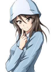 Rule 34 | 1girl, absurdres, blue hat, blue shirt, brown eyes, brown hair, closed mouth, commentary, dress shirt, finger to cheek, girls und panzer, hair between eyes, hat, highres, index finger raised, keizoku school uniform, long hair, long sleeves, looking at viewer, mika (girls und panzer), omachi (slabco), school uniform, shirt, simple background, smile, solo, striped clothes, striped shirt, tulip hat, upper body, vertical-striped clothes, vertical-striped shirt, white background, white shirt, wing collar