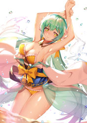 Rule 34 | 1girl, arched back, armpits, arms behind head, arms up, bikini, blurry, blush, breasts, cleavage, closed mouth, cowboy shot, depth of field, fate (series), green hair, greetload, highres, kiyohime (swimsuit lancer) (first ascension) (fate), large breasts, long hair, looking at viewer, smile, solo, swimsuit, thighs, very long hair, wading, water drop, yellow bikini, yellow eyes