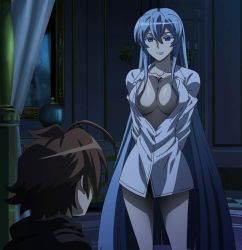 Rule 34 | 10s, 1boy, 1girl, akame ga kill!, blue hair, breasts, brown hair, esdeath, highres, large breasts, long hair, open clothes, open shirt, screencap, shirt, smile, standing, stitched, tatsumi (akame ga kill!), tattoo, third-party edit, very long hair