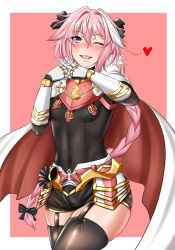 Rule 34 | 1boy, astolfo (fate), bespectacled, black bow, black thighhighs, blush, bow, braid, cloak, cloire clover, commentary, fang, fate/apocrypha, fate/grand order, fate (series), fur-trimmed cloak, fur collar, fur trim, gauntlets, glasses, hair between eyes, hair bow, hair intakes, hair ribbon, heart, highres, long braid, long hair, looking at viewer, male focus, multicolored hair, navel, open mouth, pink background, pink hair, purple eyes, ribbon, simple background, single braid, smile, solo, streaked hair, thighhighs, trap, white background, white cloak, white hair