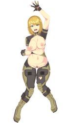 Rule 34 | absurdres, blonde hair, boots, fingerless gloves, gloves, green eyes, highres, mia (xenoblade x), torn clothes, wardrobe malfunction, waving, xenoblade chronicles (series), xenoblade chronicles x