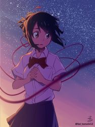 Rule 34 | 10s, 1girl, bad id, bad twitter id, bow, bowtie, braid, brown eyes, cowboy shot, highres, interlocked fingers, kimi no na wa., looking afar, miyamizu mitsuha, own hands clasped, own hands together, pleated skirt, ponytail, red bow, red bowtie, red ribbon, ribbon, school uniform, short hair, signature, skirt, solo, sunset, twitter username, wool bl