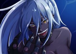Rule 34 | 1girl, absurdres, black surge night, breasts, collar, commentary request, dark-skinned female, dark skin, hair between eyes, highres, large breasts, long hair, mechanical arms, open mouth, ponytail, scharnhorst (black surge night), teeth, tqowody, white hair, yellow eyes